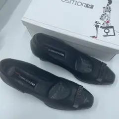 『未使用』コンポジション9 パンプス　リボン　ブラックスエード 四角バックル25