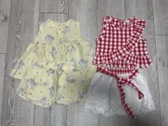 まとめ売り　イエロー花柄ノースリーブワンピース、チェク柄ワンピース上下80㎝