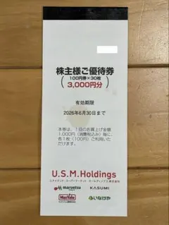 USMH株主優待券 3,000円分　カスミ マルエツ マックスバリュ関東のサムネイル
