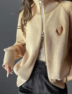 【mily bilet】ミックスライクダブルジップニットカーディガン アイボリー