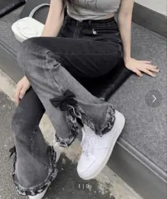 GEMEDA ブーツカットデニムパンツ フレア リボン