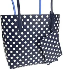 新品 ♠ ケイトスペード フォレストブルー 水玉 リバーシブルトート ポーチ付