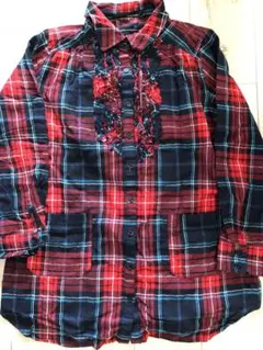 胸元フリル赤チェックネルシャツチュニックワンピース