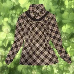 axes femme 森ガール チェック柄ハイネックレース リボン トップス