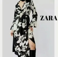 ZARA✨ ワンピース 花柄襟付きカシュクール マキシ丈　ホワイト＆ブラック M