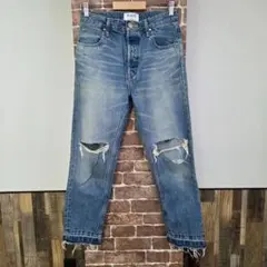 ブラックバイマウジー　デニムパンツ　ブルー　ダメージ加工　クラッシュ　カットオフ
