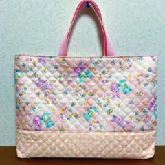 ハンドメイド　レッスンバッグ　絵本カバン　キルティング　モフモフうさぎ　ピンク