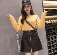 フェイクレザー スカート 黒 ブラック トレンド 韓国 オルチャン レザー L