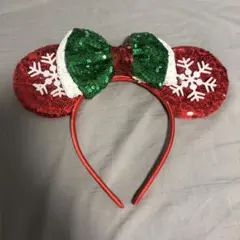 ミッキー型カチューシャ 赤と緑 スパンコール　クリスマス　Christmas