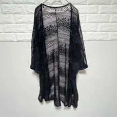 五分袖カーディガン 【F】　ブラック 総レース編み　オープンフロント　軽やか