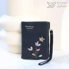 Prettyzyz COLLECTIONふたつ折りたたみ財布 鳥のモチーフ花柄黒