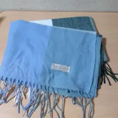 未使用　Cashmere 100%青系チェックストール フリンジ付き