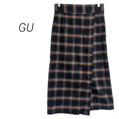 【ジーユー】オンブレチェックナローミディスカート 背面ゴム ネイビー スリット