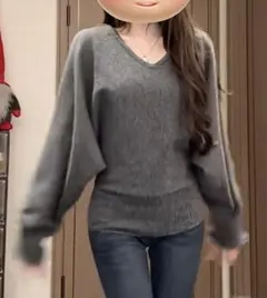 グレー Vネックニット ウエストリボン付き