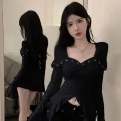 ブラック 長袖カットソー ハトメデザイン 韓国 シズニルック