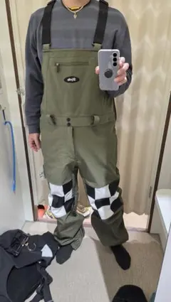 オリーブグリーン チェッカーパターン オーバーオール