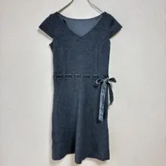 【ペイトンプレイス】半袖ワンピース　ウエストリボン　グレー　M 上品　Aライン