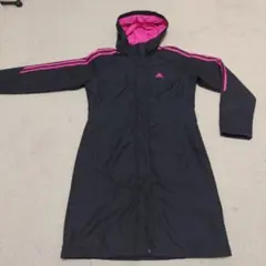 adidas フード付きロングベンチコート 黒/ピンク　Sサイズ