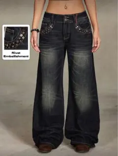 SHEIN ヴィンテージ リベット ワイドレッグ ローライズルーズ