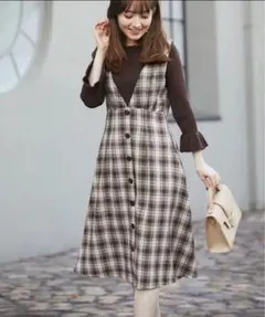 toccocloset後ろりぼん付きフロント飾り釦チェック柄ジャンパースカート