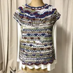 【値下げ】ハンドメイド多色編みノースリーブベストNo.141