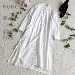 美品☆HUNCH バンドカラー オーバーサイズ 切替シャツOP ホワイトのサムネイル
