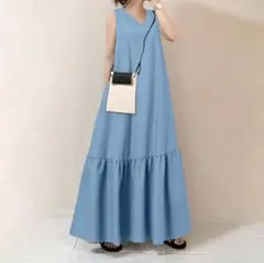 L 夏　青　ロングワンピース　マキシ丈　Aライン　Vネック　ノースリーブ a3