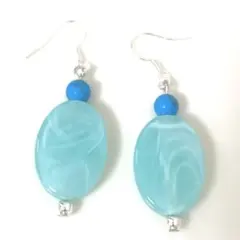 天然石　ターコイズ×水色マーブル 大ぶり　オーバル　ハンドメイド　ピアス