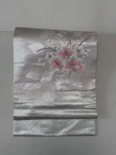 名古屋帯 シルバー 花柄刺繍　九寸