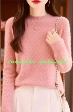 XL極上柔らかカシミヤ100％★暖か可愛い編地ハイネックニット♪ピンクXL