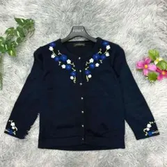 【クイーンズコート】花柄刺繍 ニットカーディガン ネイビー 2 M 清楚 上品