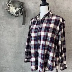 【ユニクロ】チェック　長袖フランネルシャツ　M 白　紺　羽織　レギュラーカラー