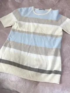 カシミヤ100% 半袖ニット M 水色ストライプ