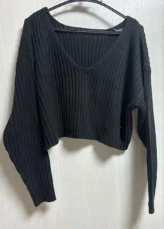 リブ編み ブラック Vネック セーター M