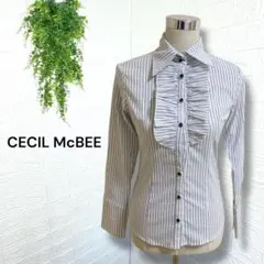 4657【CECIL McBEE】シャツ トップス 長袖 フリル ストライプ