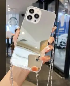 ミラー×クリア iPhone15Pro用ケース シルバーチェーンストラップ付き