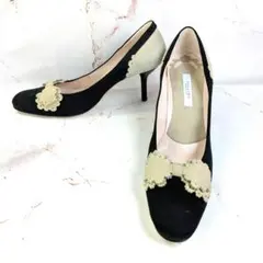 ​【美品】POLLINI パンプス 34.5 黒×ベージュ リボン イタリア製のサムネイル