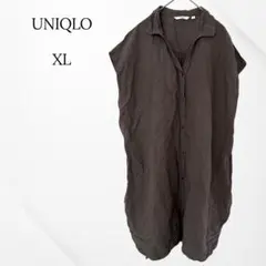 ユニクロ　シャツ　半袖　ブラウン　XL 大きいサイズ　リネン混　シンプル