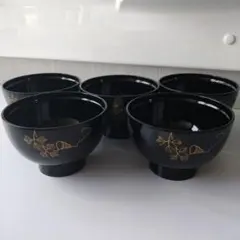 黒漆器　汁椀 5個セット 金色葉模様