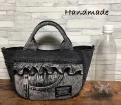 デニムリメイク☆ミニトートバッグ　フリル♡ブラック