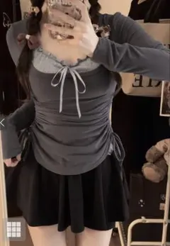 フリルリボンキャミソール✕ ドロストトップスアンサンブル［ac2472］