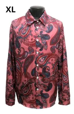 XL ペイズリー柄シャツ 長袖 ピンクレッド ウエスタン ロカビリー クラシカル