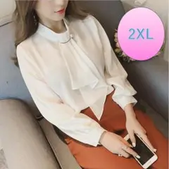 ブローチ付きボウタイブラウス 2XL 白シャツ パール レディースフォーマル通勤