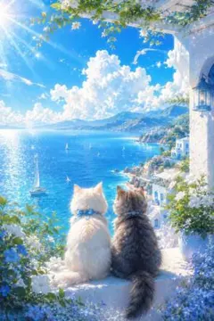 水彩画風】 海を見つめる三匹の猫たち ― 青空と白い街の夏景色