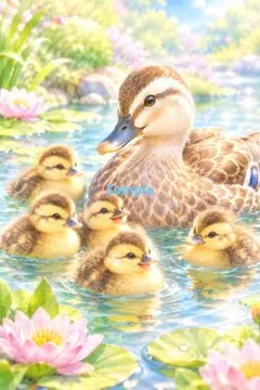 【癒やしアート】カルガモ 親子 蓮の花 インテリア Ｌ判