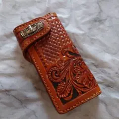チェルシー様専用ヴィンテージカービングレザーオレンジ レザー 長財布 手掘り