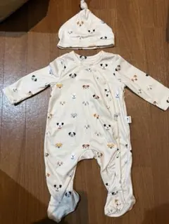 犬プリント ベビーパジャマ 1-3M 帽子付き