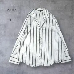 【ザラ】ZARA ストライプ 長袖シャツ サテン生地　Lサイズ