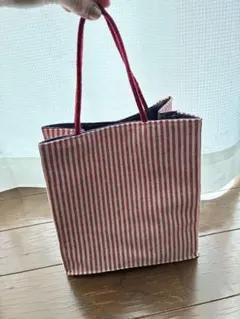 赤と白のストライプ キャンバストートバッグ
