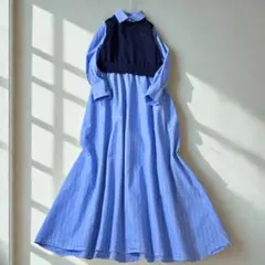 VIS ニットベスト切替ストライプロングワンピース 青